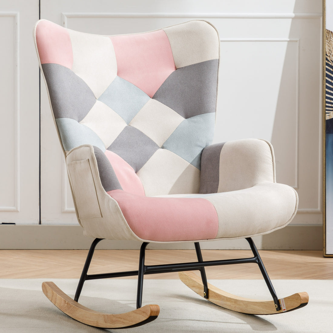 Modern Patchwork Accent Chair With Solid Wood Armrest And Feet, Mid Century Modern Accent Sofa, Fabric Sofa Chair For Living Room Bedroom Studio, Comfy Side Armchair For Bed Pink Pink Foam Cotton Linen