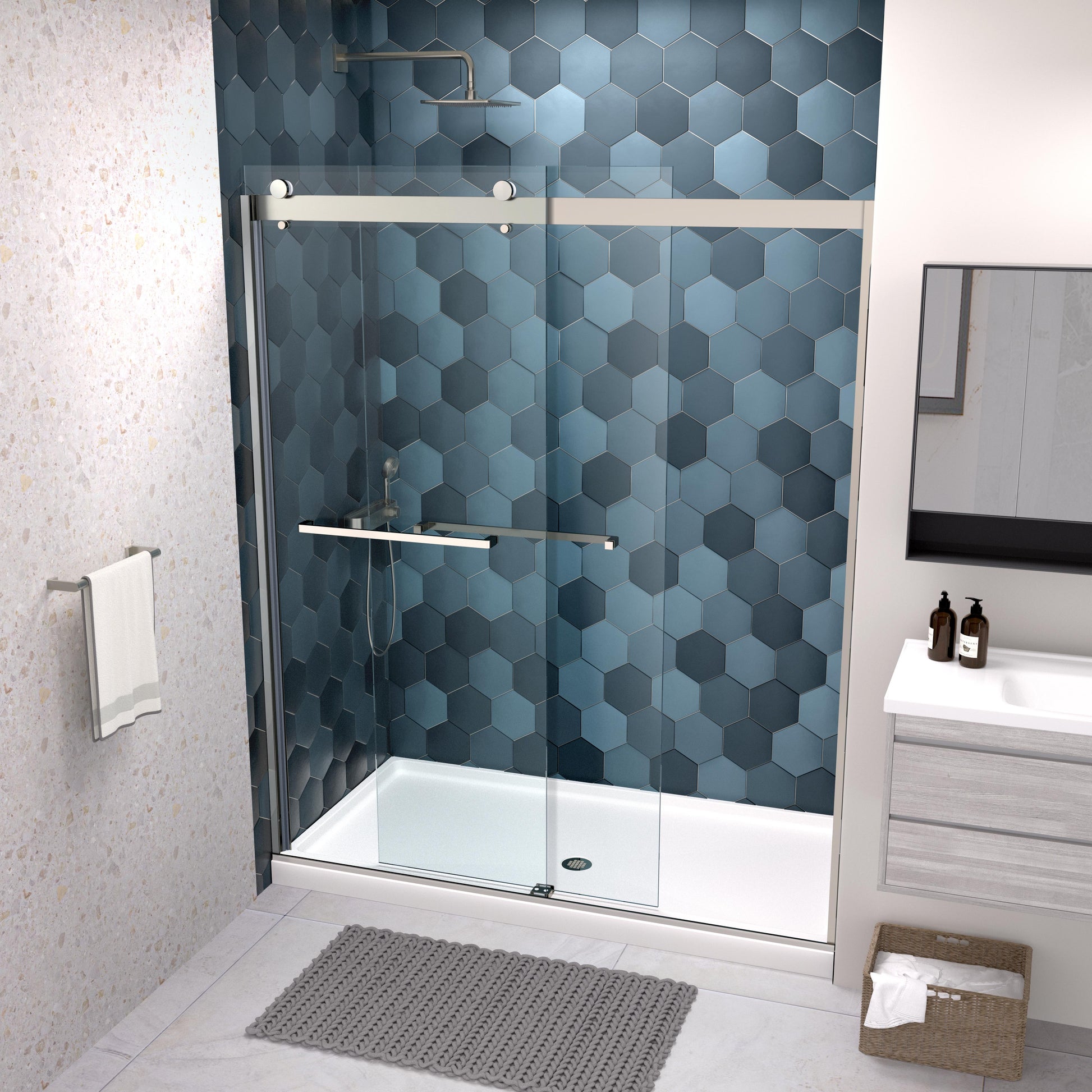 Bypass Shower Door, Sliding Door, With 5 16" Tempered Glass And Polished Chrome Finish 6074 Chrome Bathroom Stainless Steel