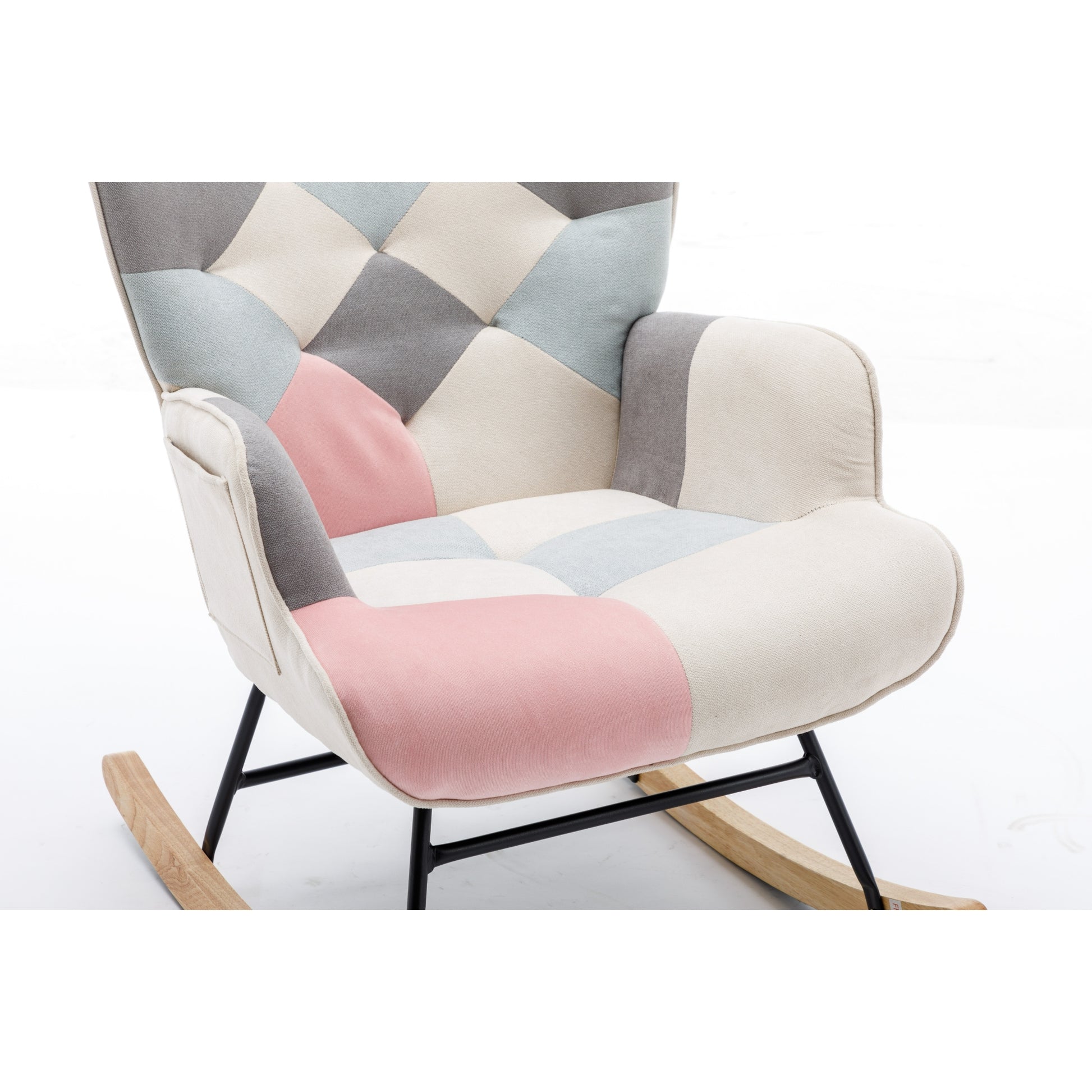 Modern Patchwork Accent Chair With Solid Wood Armrest And Feet, Mid Century Modern Accent Sofa, Fabric Sofa Chair For Living Room Bedroom Studio, Comfy Side Armchair For Bed Pink Pink Foam Cotton Linen