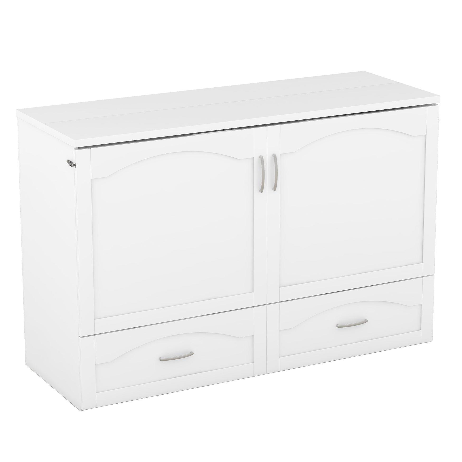 Queen Size Murphy Bed Wall Bed With Drawer And A Set Of Sockets & Usb Ports, Pulley Structure Design, White White Solid Wood Mdf