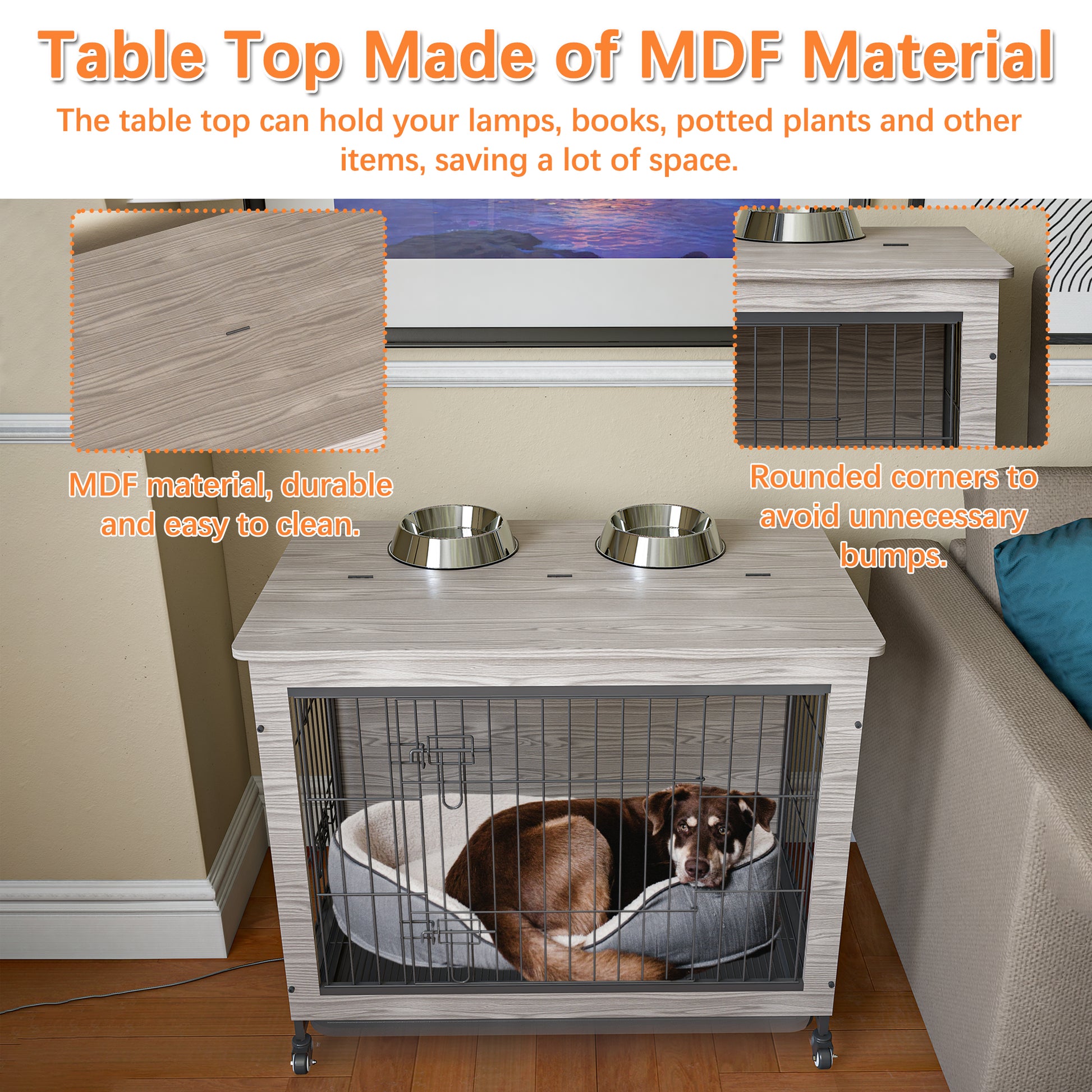 Dog Crate Furniture38'' Heavy Duty Wooden Dog Kennel With Double Doors & Flip Top For Large Dogs, Furniture Style Dog Crate End Table With Wheels, Grey 38.3"L X 23.4"W X 32"H Grey Solid Wood