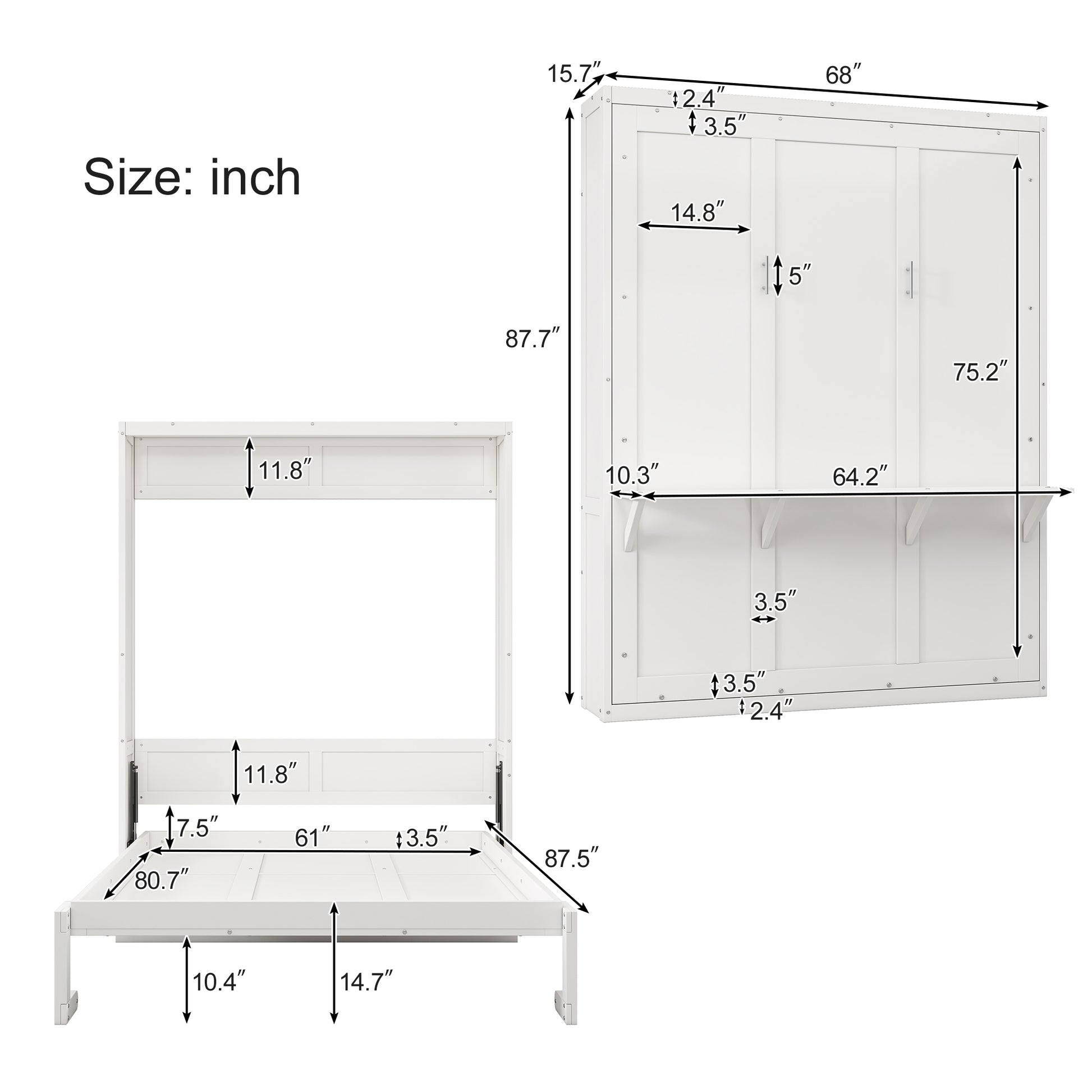 Queen Size Murphy Bed, 68 Inch Cabinet Bed Folding Wall Bed With Desk Combo Perfect For Guest Room,Study, Office,White Old Sku:Bs311491Aac Box Spring Not Required Queen White Wood White Pine Murphy Solid Wood Mdf