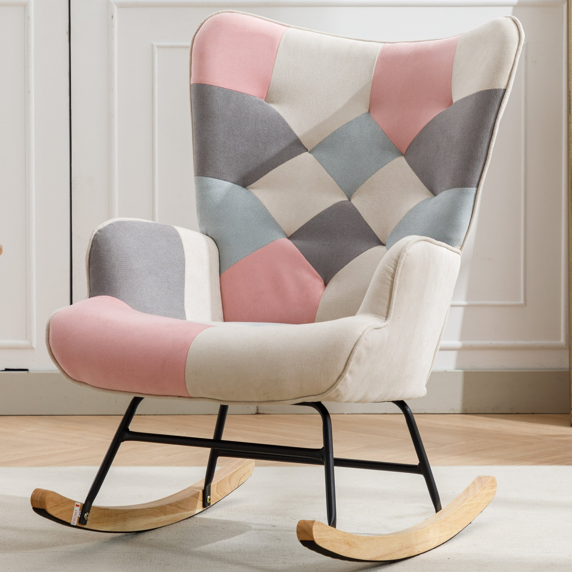 Modern Patchwork Accent Chair With Solid Wood Armrest And Feet, Mid Century Modern Accent Sofa, Fabric Sofa Chair For Living Room Bedroom Studio, Comfy Side Armchair For Bed Pink Pink Foam Cotton Linen