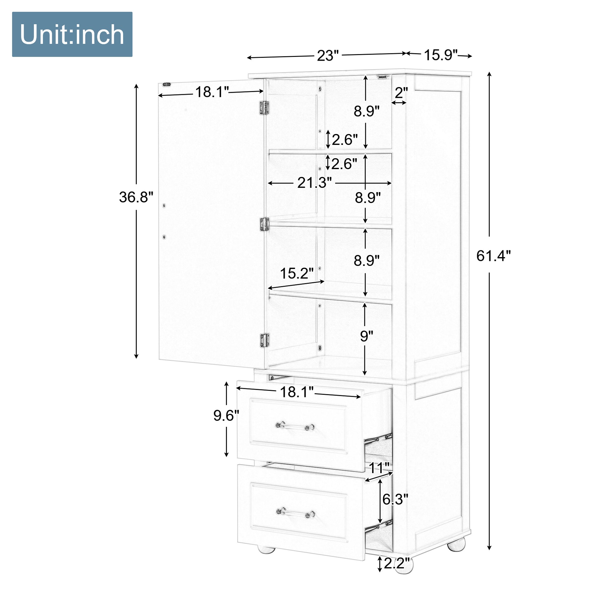 Tall Bathroom Storage Cabinet, Freestanding Storage Cabinet With Two Drawers And Adjustable Shelf, Mdf Board With Painted Finish, Grey Grey Mdf