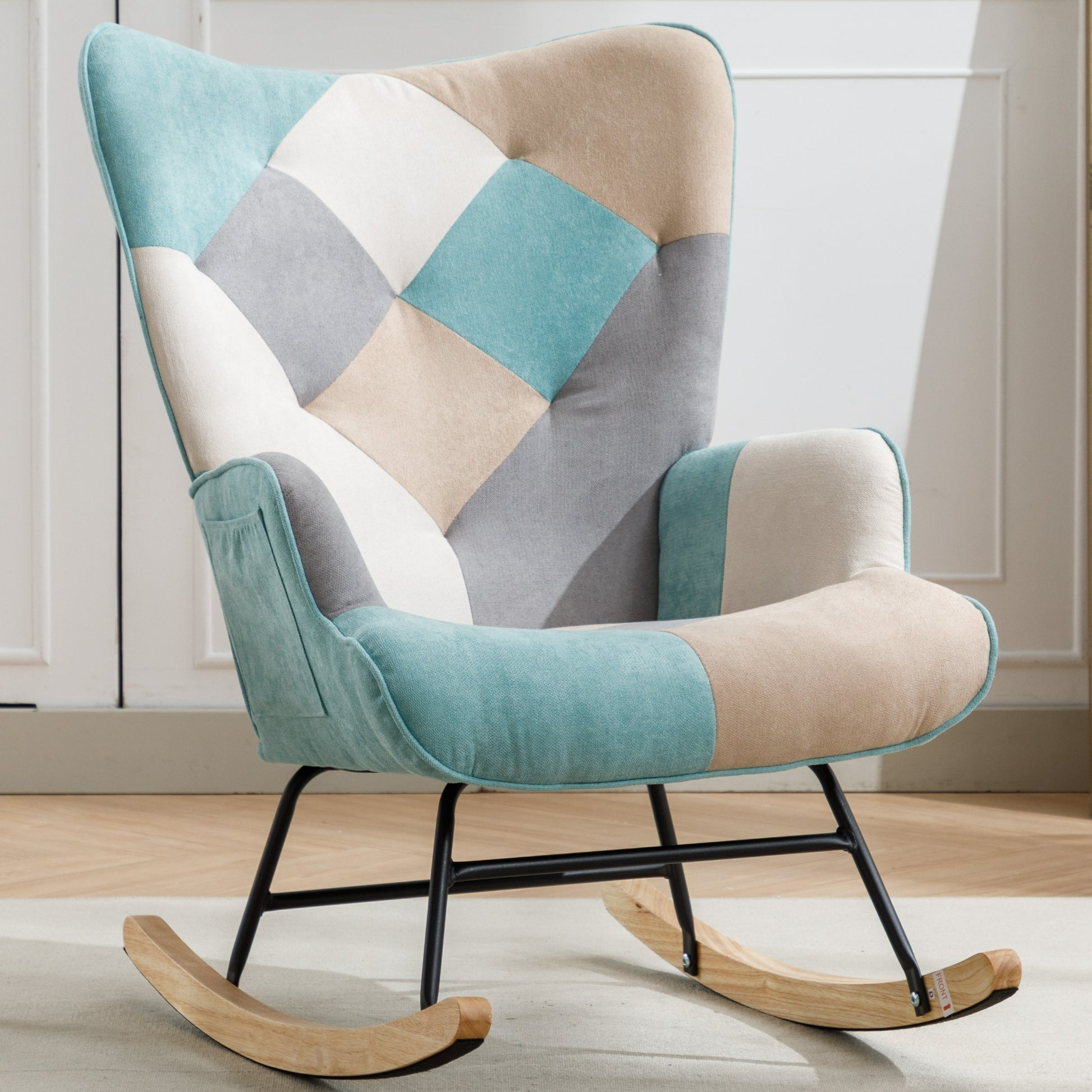 Modern Patchwork Accent Chair With Solid Wood Armrest And Feet, Mid Ce