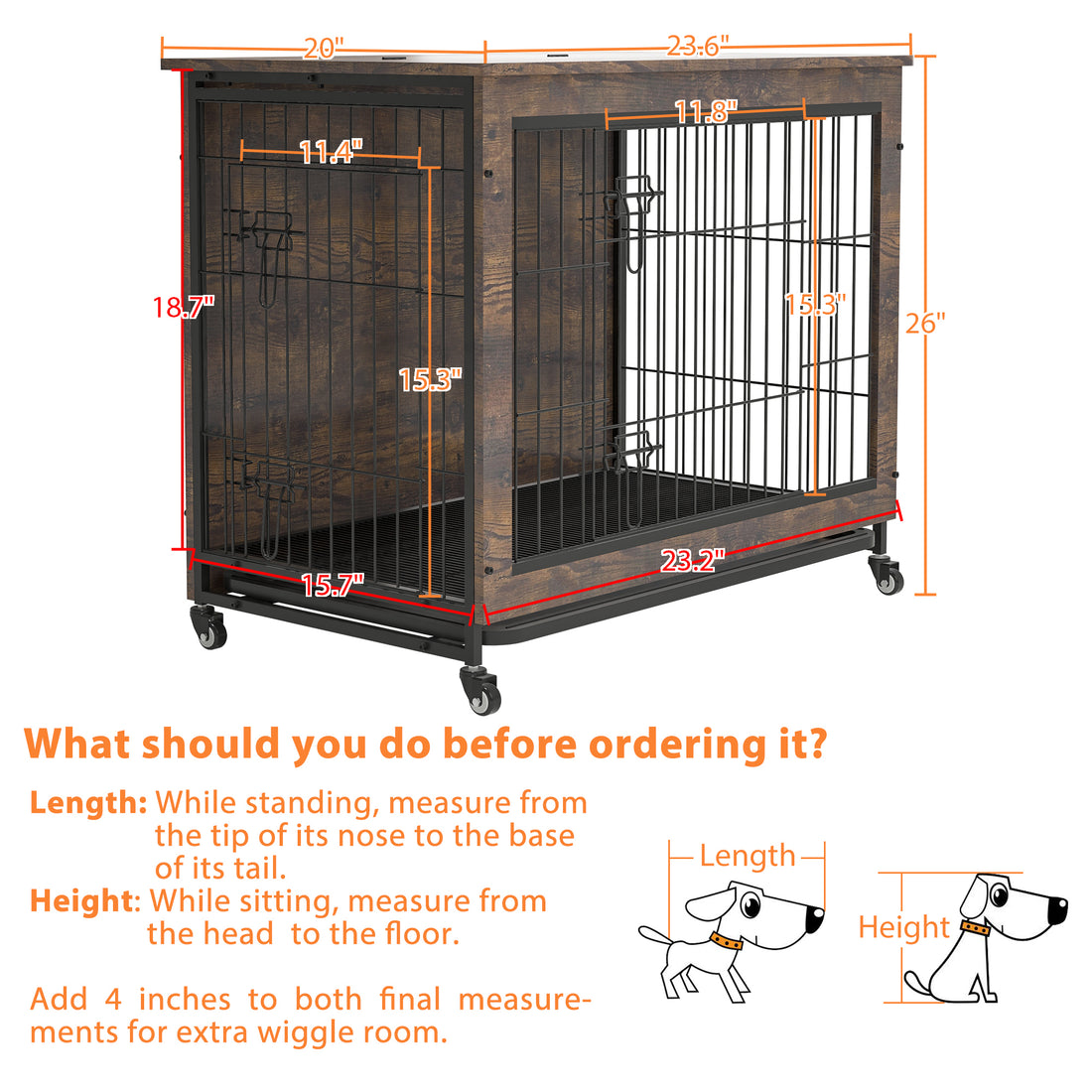 23.6"L X 20"W X 26"H Dog Crate Furniture With Cushion, Wooden Dog Crate Table, Double Doors Dog Furniture, Dog Kennel Indoor For Small Dog, Dog House, Dog Cage Small, Rustic Brown Gray Solid Wood