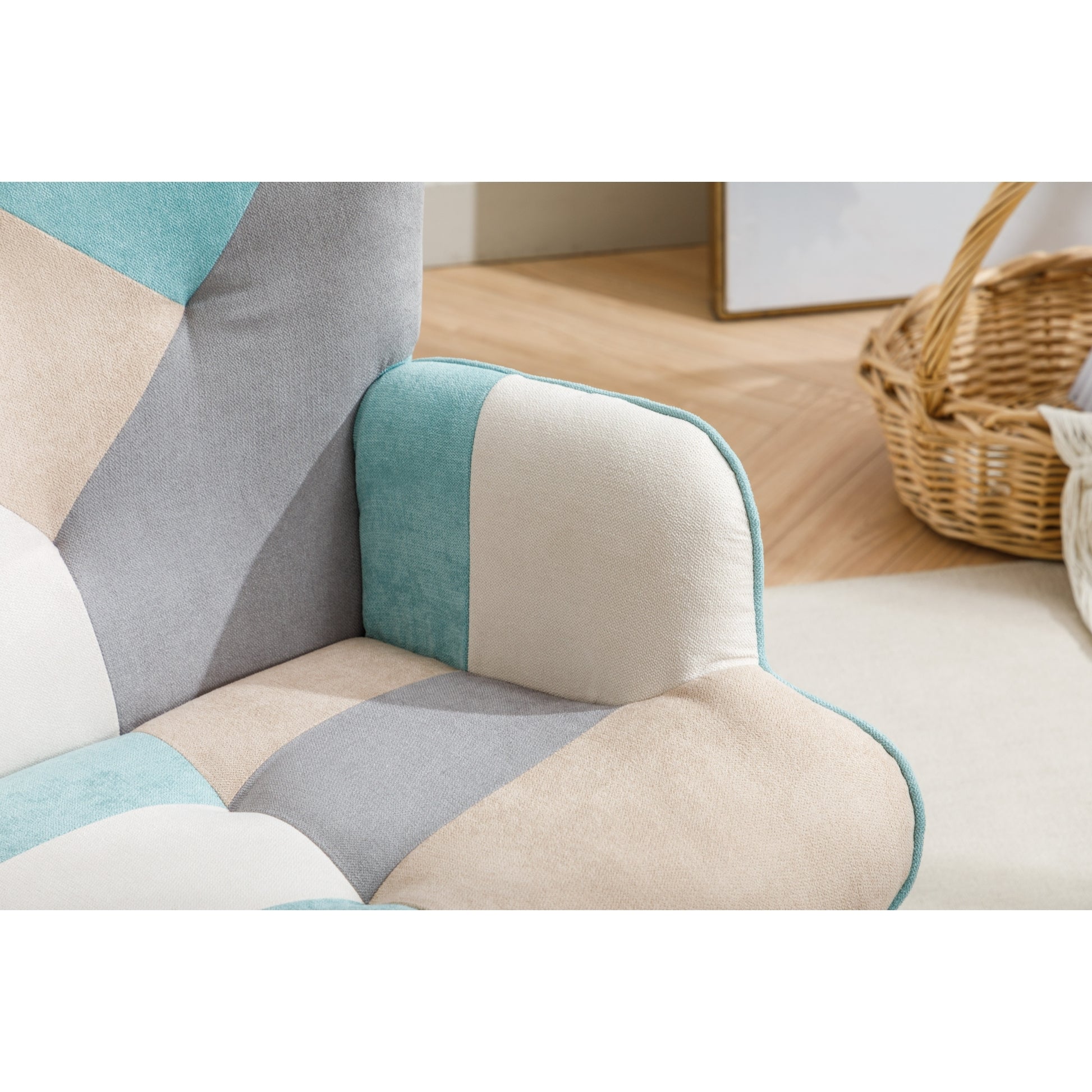 Modern Patchwork Accent Chair With Solid Wood Armrest And Feet, Mid Century Modern Accent Sofa, Fabric Sofa Chair For Living Room Bedroom Studio, Comfy Side Armchair For Bed Green Foam Cotton Linen