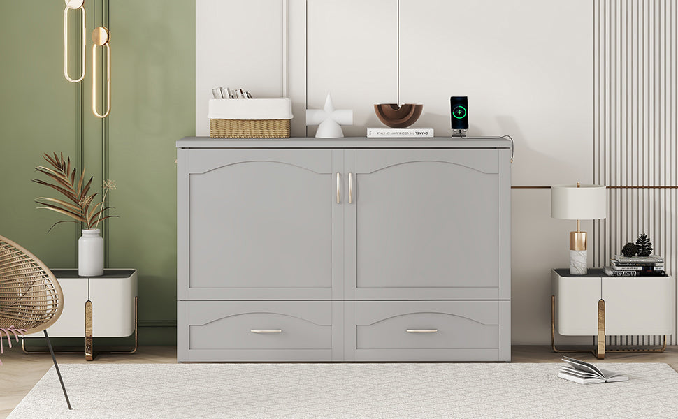 Queen Size Murphy Bed Wall Bed With Drawer And A Set Of Sockets & Usb Ports, Pulley Structure Design, Gray Gray Solid Wood Mdf