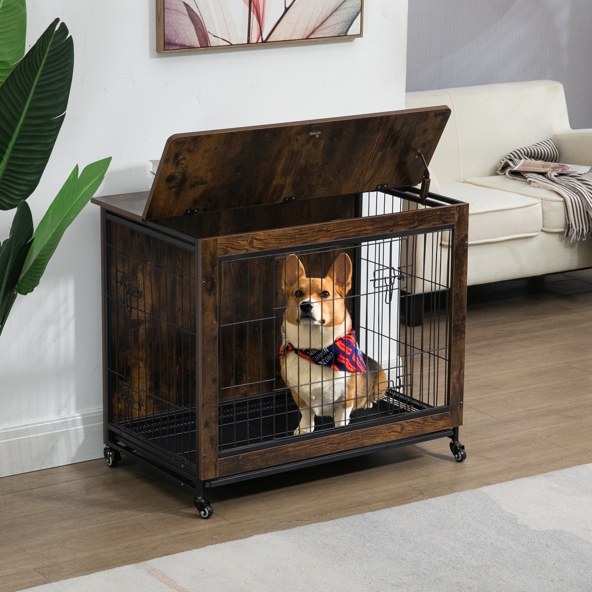 23.6"L X 20"W X 26"H Dog Crate Furniture With Cushion, Wooden Dog Crate Table, Double Doors Dog Furniture, Dog Kennel Indoor For Small Dog, Dog House, Dog Cage Small, Rustic Brown Gray Solid Wood