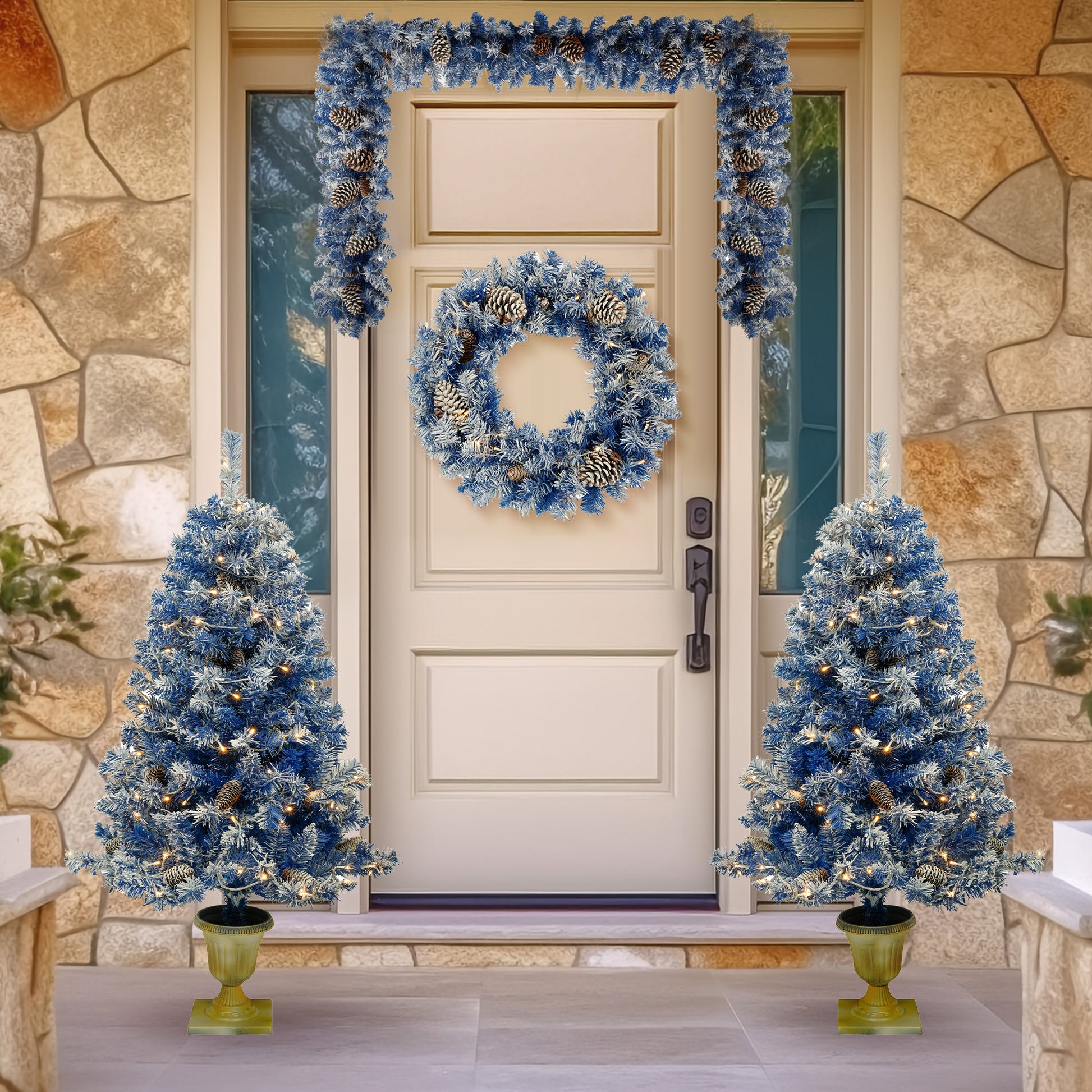 Pre Lit Xmas Tree Artificial Christmas 4 Piece Set,Garland, Wreath And Set Of 2 Entrance Trees X Mas With Led Lights, Christmas Tree Blue Pvc