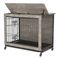 Dog Crate Furniture38'' Heavy Duty Wooden Dog Kennel With Double Doors & Flip Top For Large Dogs, Furniture Style Dog Crate End Table With Wheels, Grey 38.3