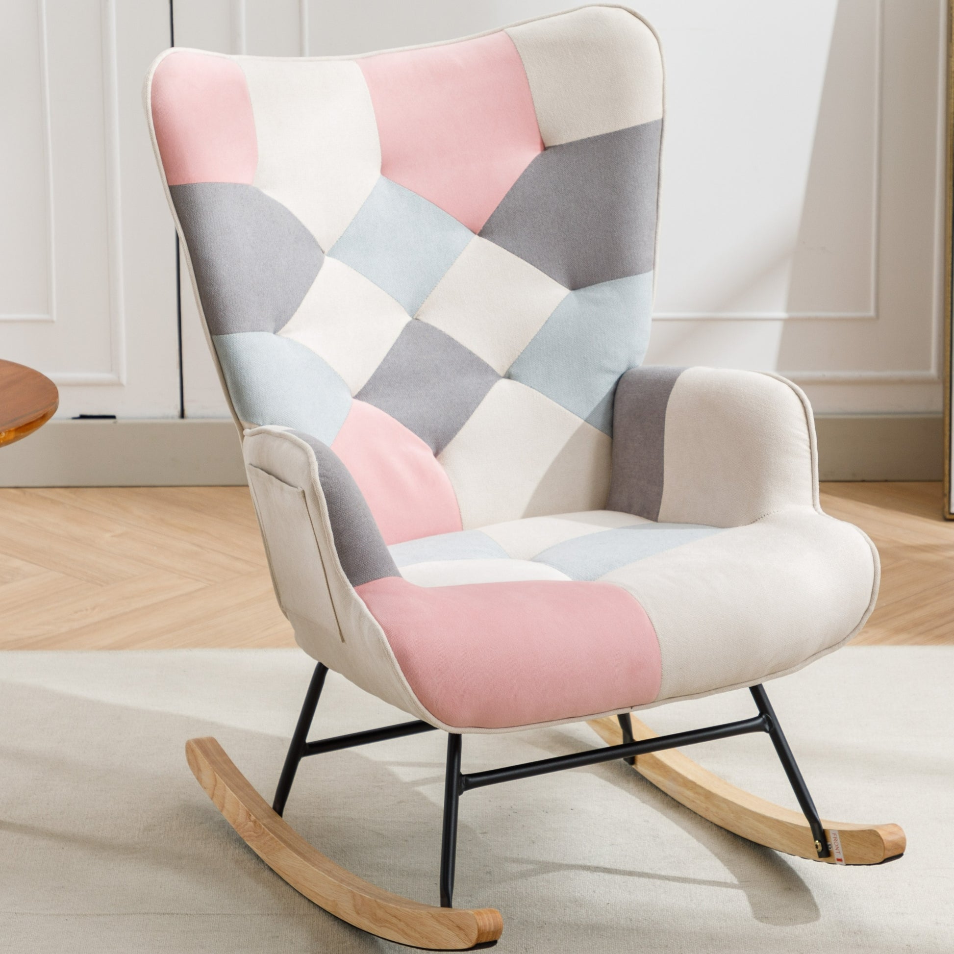 Modern Patchwork Accent Chair With Solid Wood Armrest And Feet, Mid Century Modern Accent Sofa, Fabric Sofa Chair For Living Room Bedroom Studio, Comfy Side Armchair For Bed Pink Pink Foam Cotton Linen