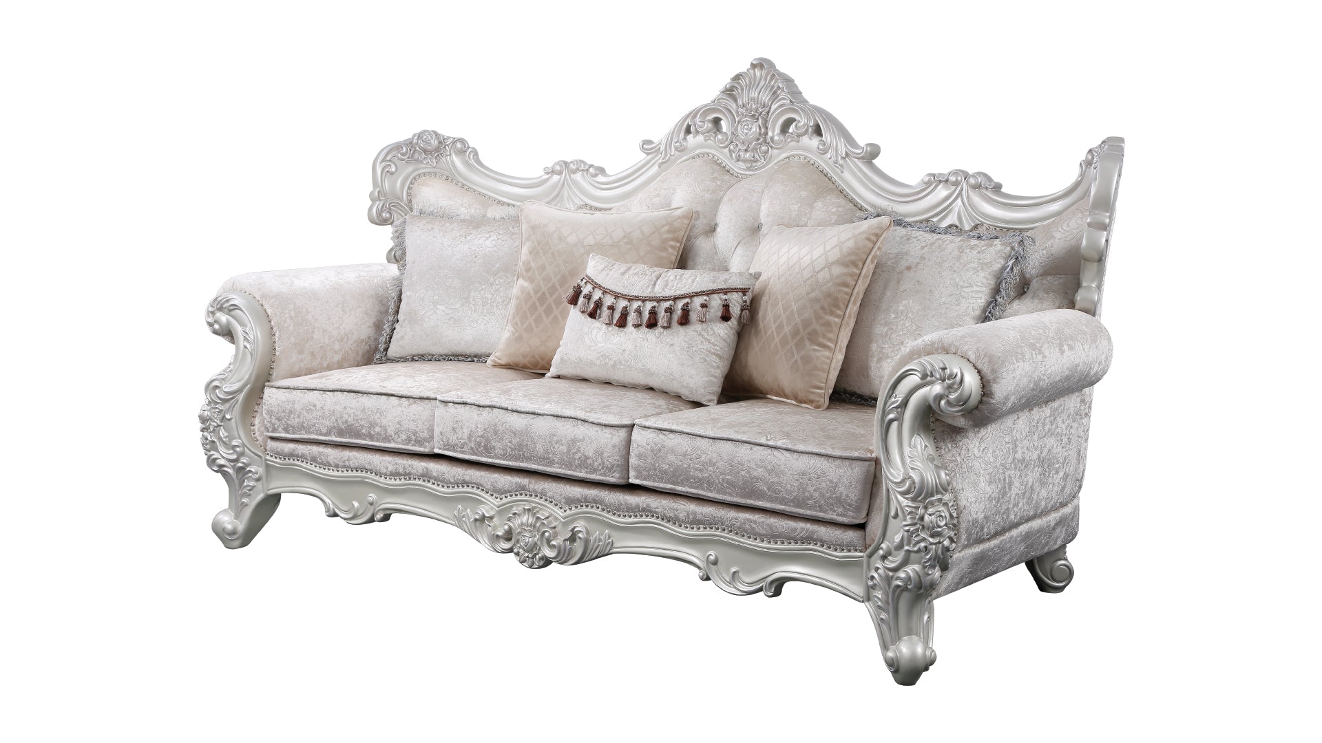 Melrose Traditional Style Sofa In Champagne And Silver Brush Finish Made With Wood Silver Chenille Wood Primary Living Space Tufted Back Traditional Solid Wood Mdf Wood 3 Seat