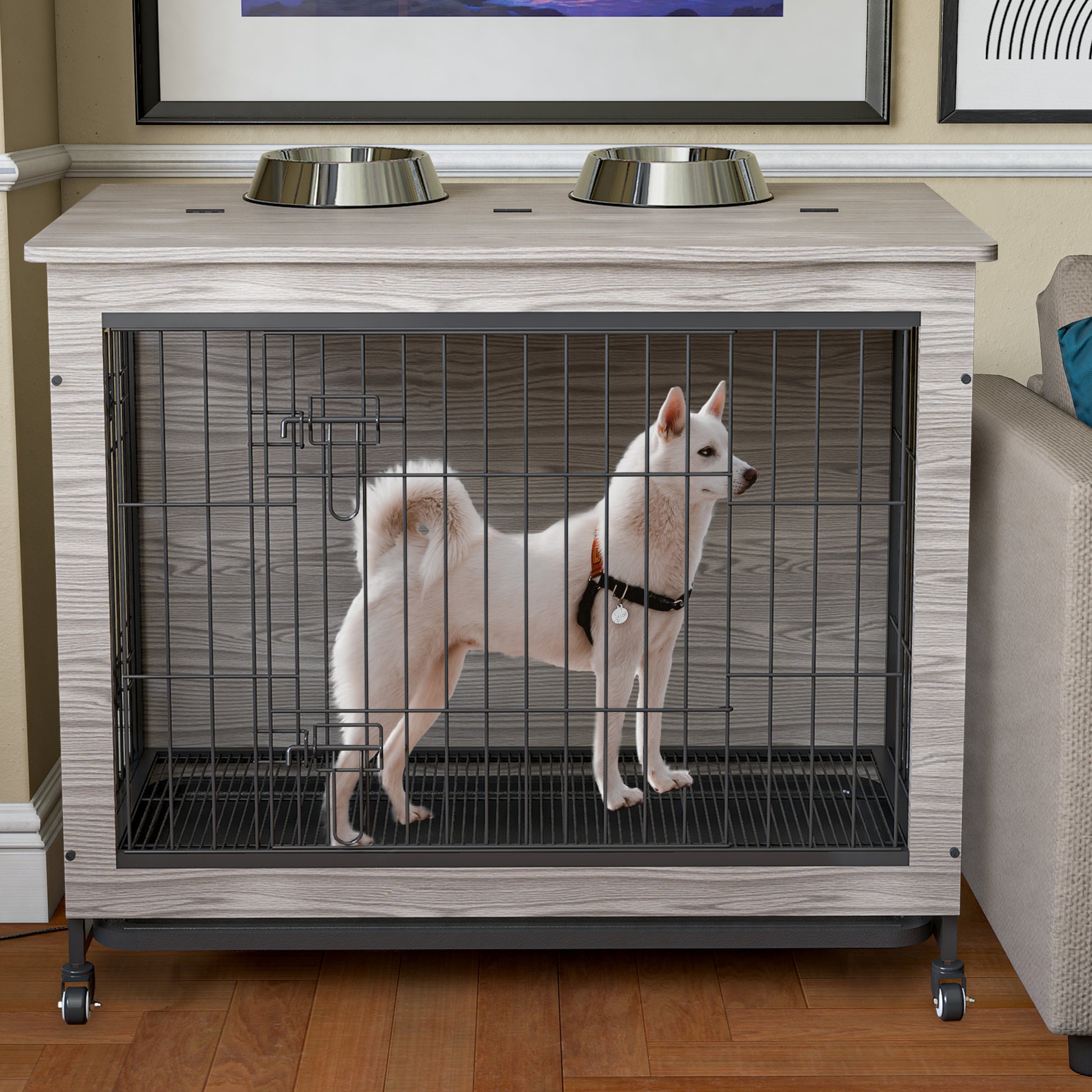 Dog Crate Furniture38'' Heavy Duty Wooden Dog Kennel With Double Doors & Flip Top For Large Dogs, Furniture Style Dog Crate End Table With Wheels, Grey 38.3"L X 23.4"W X 32"H Grey Solid Wood