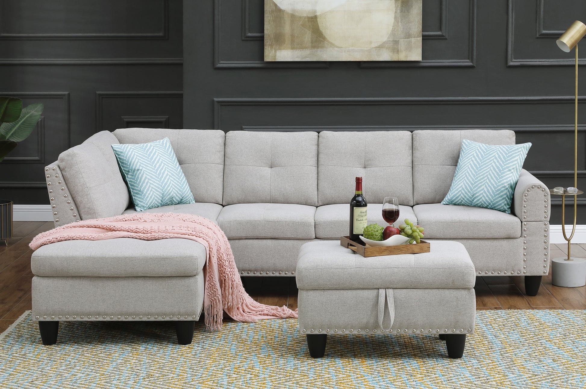 Alger 98" Wide Left Hand Facing Sofa & Chaise With Ottoman Light Gray Foam Linen