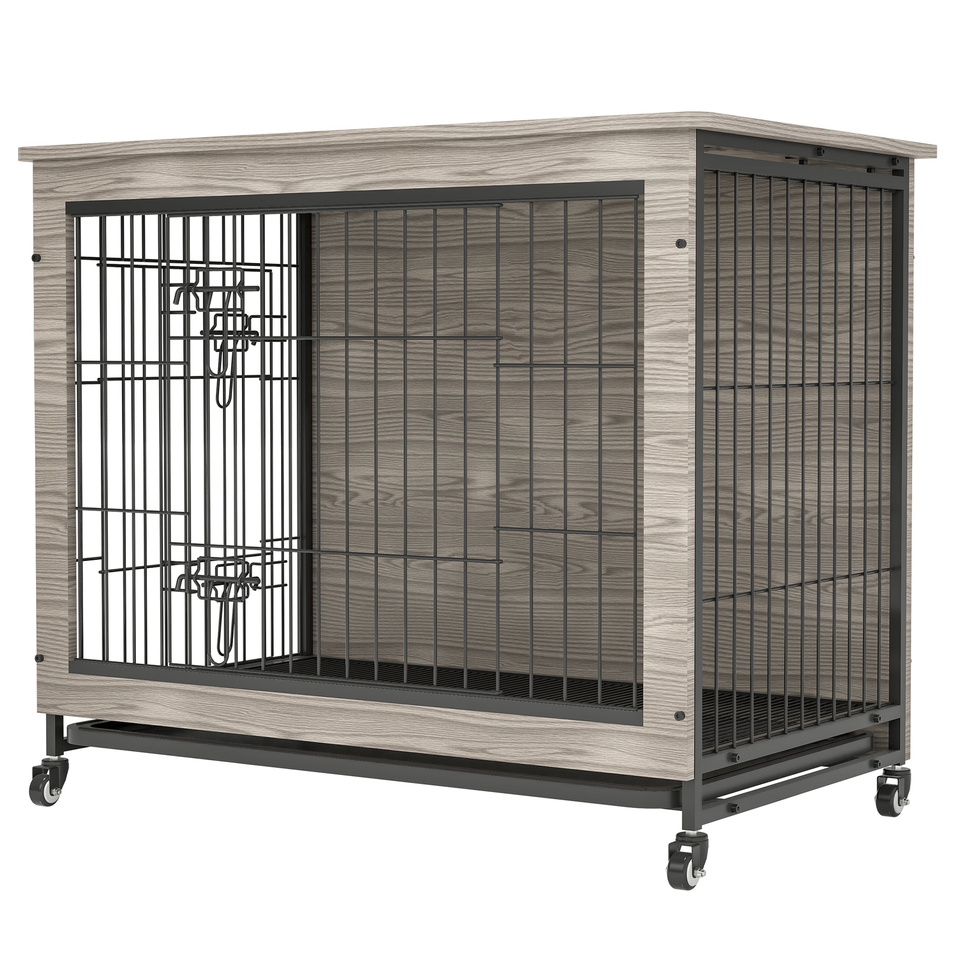 23.6"L X 20"W X 26"H Dog Crate Furniture With Cushion, Wooden Dog Crate Table, Double Doors Dog Furniture, Dog Kennel Indoor For Small Dog, Dog House, Dog Cage Small, Rustic Brown Grey Grey Small 11 25 Lbs Mdf Metal