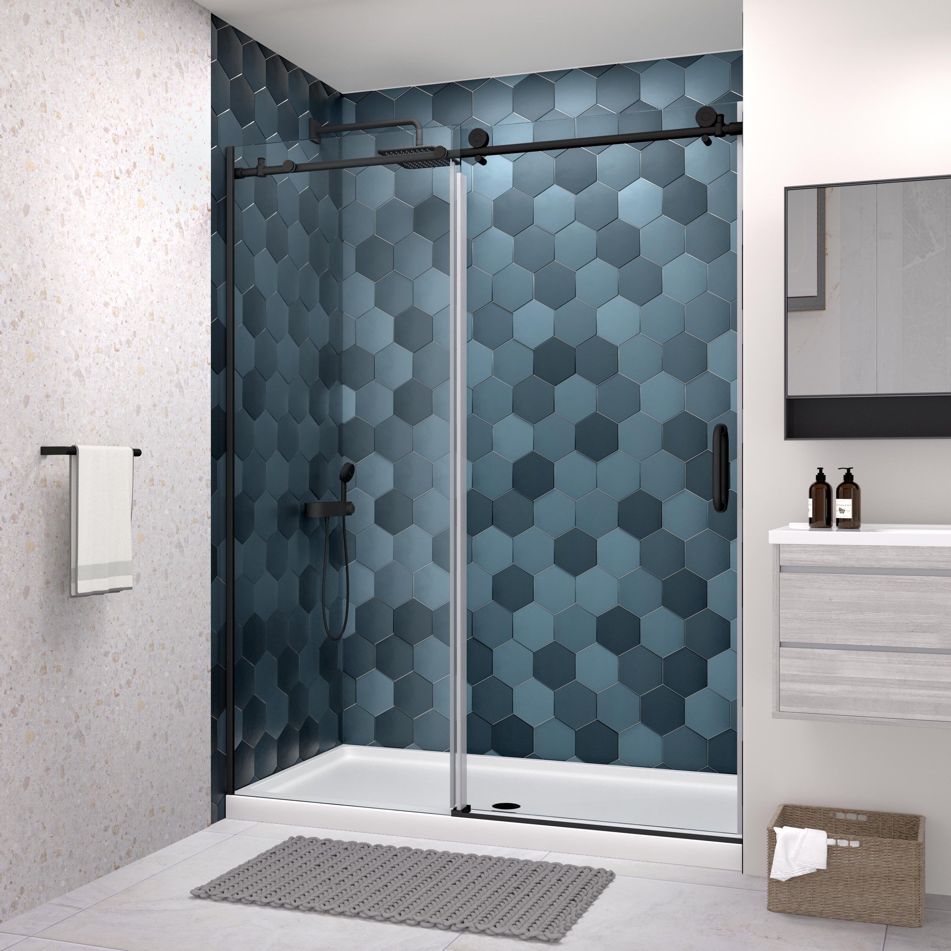 Glass Shower Door, Sliding Door, With 5 16" Tempered Glass And Matted Black Finish Matte Black Stainless Steel