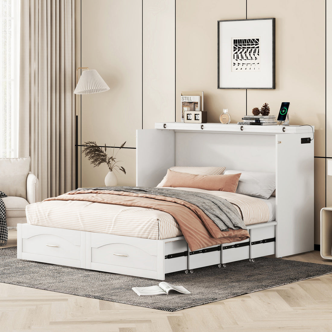 Queen Size Murphy Bed Wall Bed With Drawer And A Set Of Sockets & Usb Ports, Pulley Structure Design, White White Solid Wood Mdf