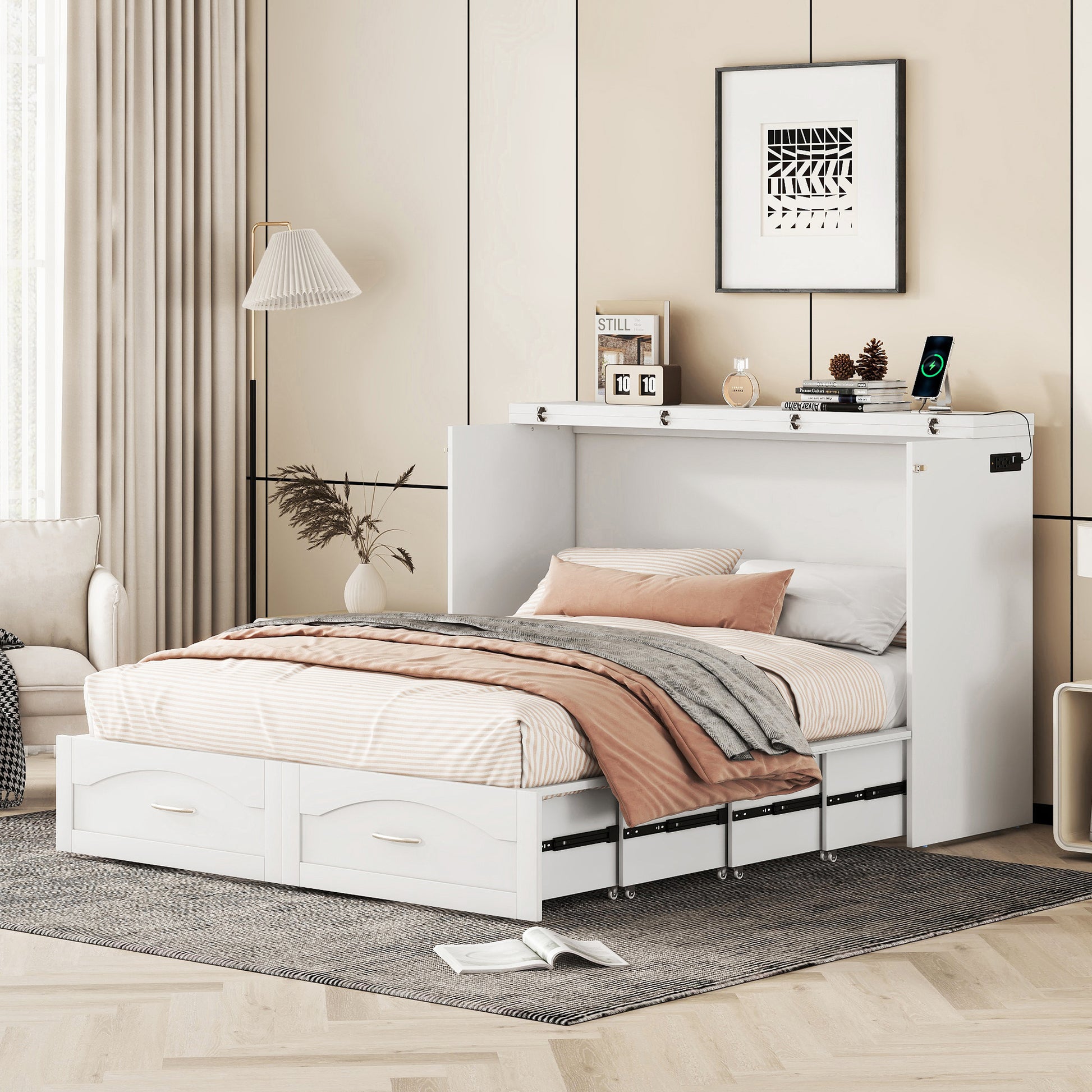 Queen Size Murphy Bed Wall Bed With Drawer And A Set Of Sockets & Usb Ports, Pulley Structure Design, White White Solid Wood Mdf