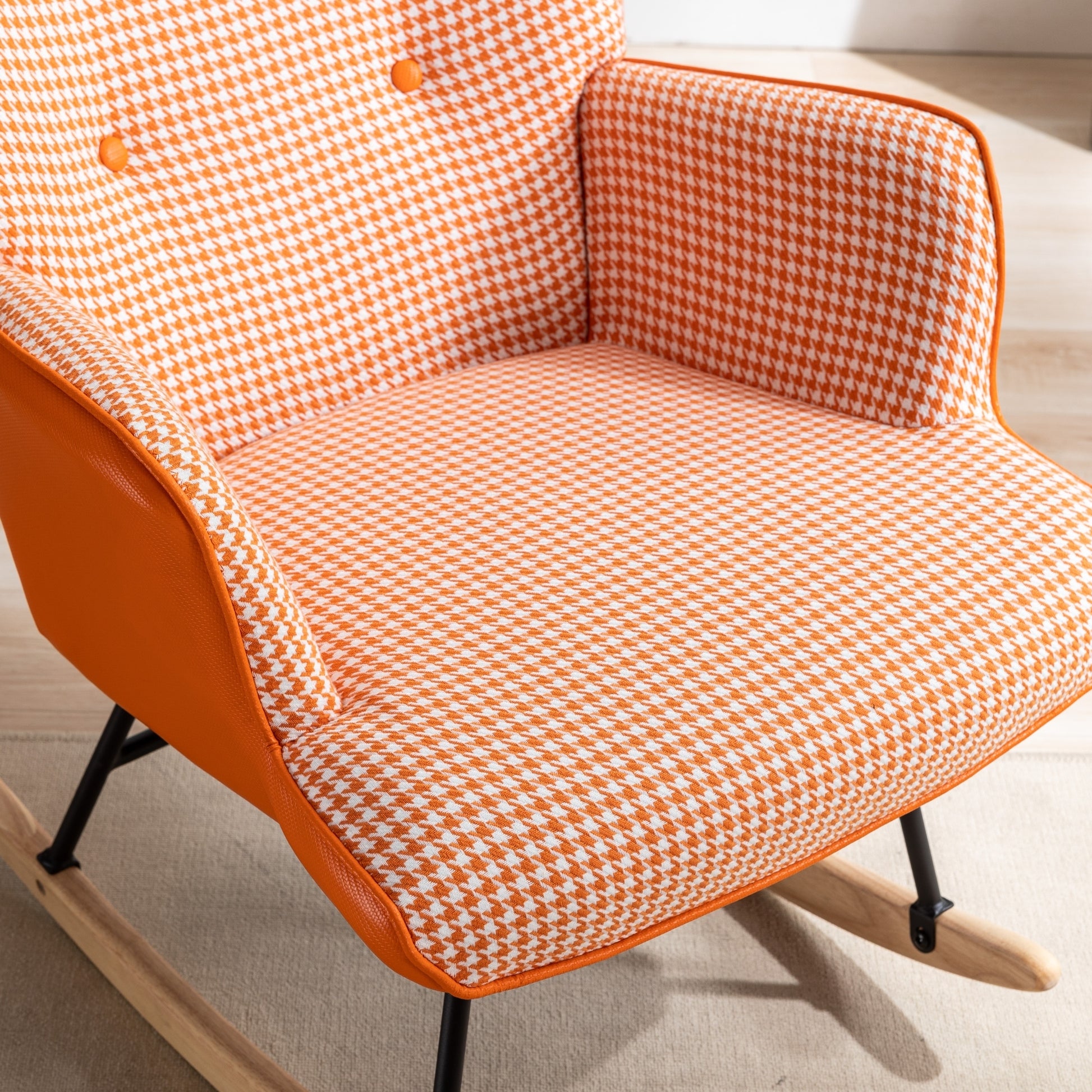 35.5 Inch Rocking Chair, Soft Houndstooth Fabric Leather Fabric Rocking Chair For Nursery, Comfy Wingback Glider Rocker With Safe Solid Wood Base For Living Room Bedroom Balcony Orange Orange Casual Foam Cotton Linen