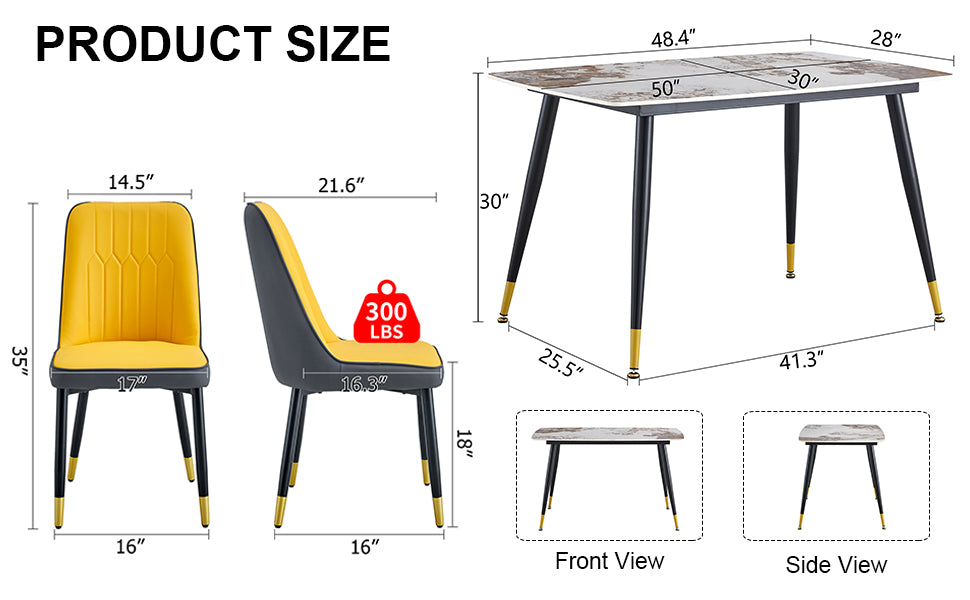 Table And Chair Set. Patterned Sintered Stone Tabletop With Black Metal Legs. Orange Yellow And Gray Dual Color Pu Backrest Cushion And Black Metal Leg Chair.1 Table And 4 Chair.001 007 White Sintered Stone