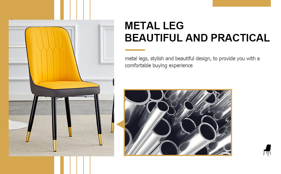 Table And Chair Set. Patterned Sintered Stone Tabletop With Black Metal Legs. Orange Yellow And Gray Dual Color Pu Backrest Cushion And Black Metal Leg Chair.1 Table And 4 Chair.001 007 White Sintered Stone