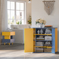 Storage Cabinet Modern Coffee Bar Cabinet Large Capacity Storage Cabinet With 3 Adjustable Shelves For Living Room, Yellow & Blue Blue Yellow Modern Engineered Wood