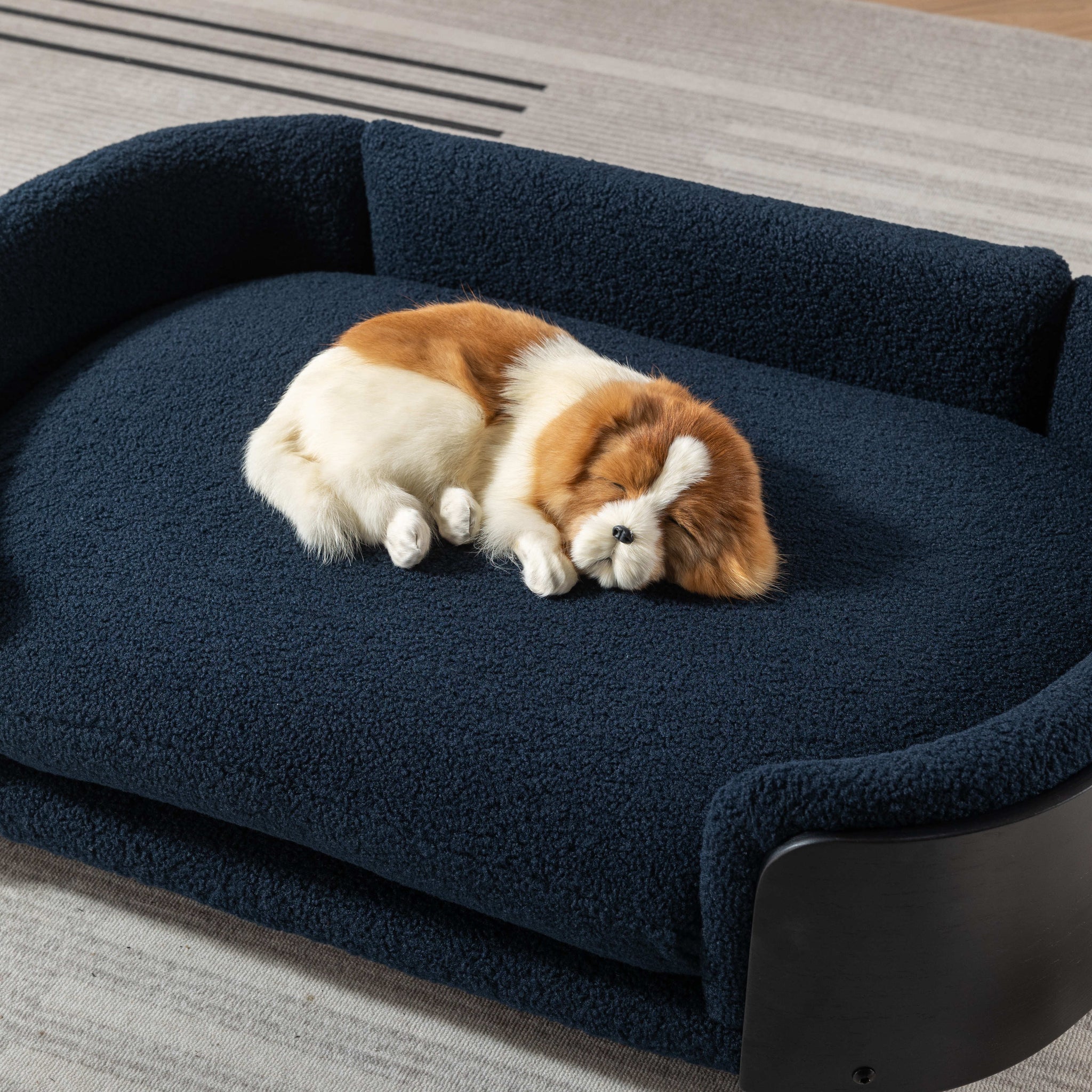 Scandinavian Style Elevated Dog Bed Pet Sofa With Solid Wood Legs And Black Bent Wood Back, Cashmere Cushion,Large Size Dark Blue Foam Solid Wood