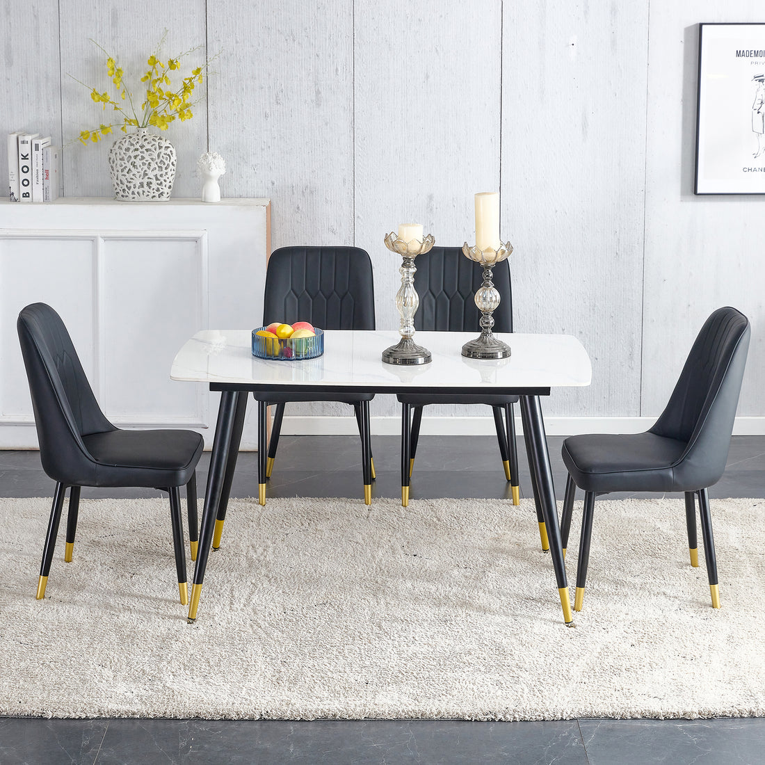 Table And Chair Set. White Imitation Marble Stone Tabletop With Black Metal Legs. Black Pu Leather Backrest And Black Metal Leg Chair. 1 Table And 4 Chairs F 001 C 007 White Sintered Stone