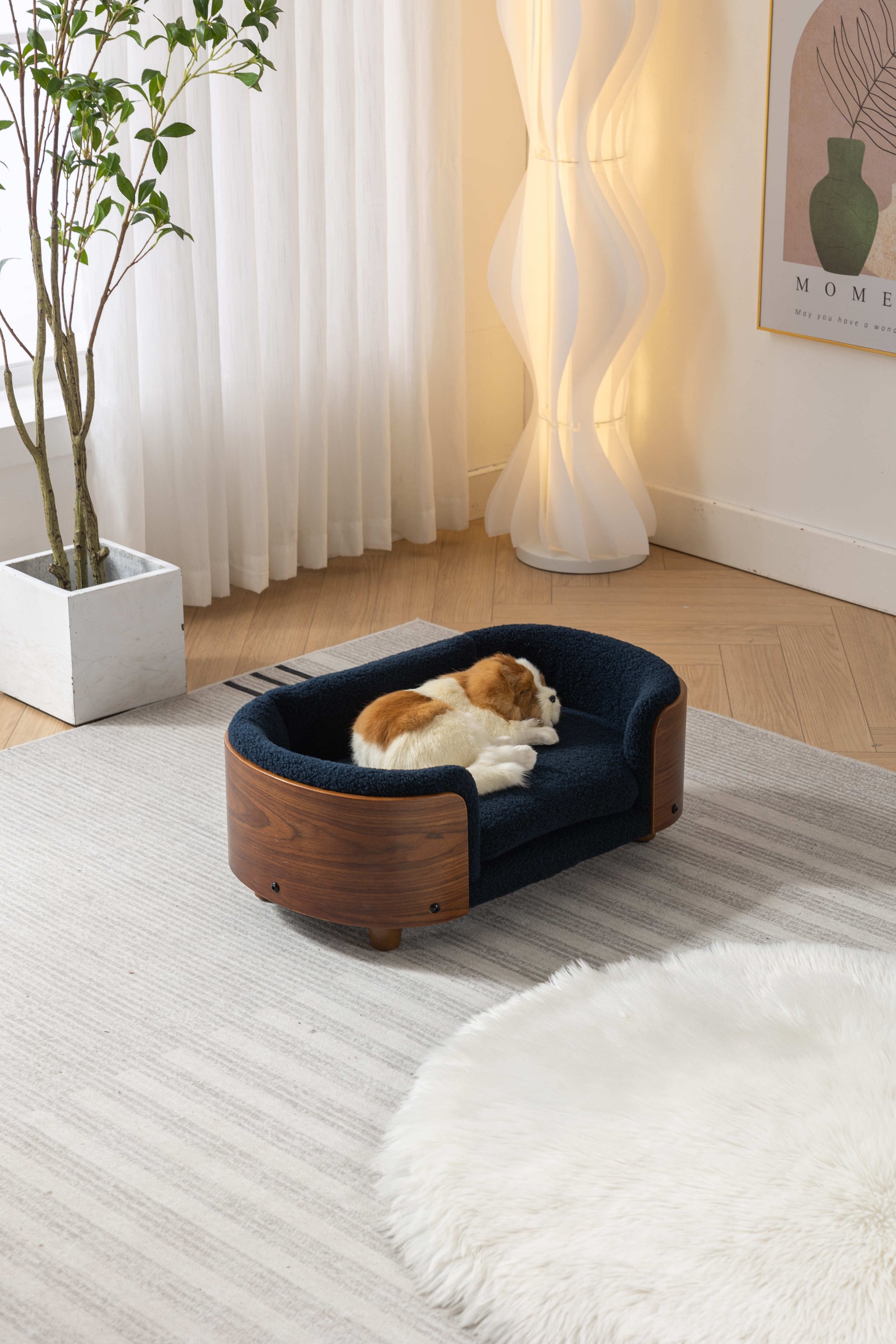 Scandinavian Style Elevated Dog Bed Pet Sofa With Solid Wood Legs And Walnut Bent Wood Back, Cashmere Cushion,Small Size Dark Blue Foam Solid Wood