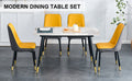 Table And Chair Set. Patterned Sintered Stone Tabletop With Black Metal Legs. Orange Yellow And Gray Dual Color Pu Backrest Cushion And Black Metal Leg Chair.1 Table And 4 Chair.001 007 White Sintered Stone