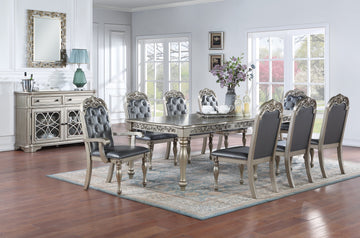 Traditional Silver Grey Finish 9Pc Dining Set Table W 2X Arm Chairs 6X Side Chairs Rubber Wood Intricate Design Tufted Back Cushion Seat Dining Room Furniture Gray Wood Dining Room Extendable Rubberwood Rectangular Dining Table With Chair Upholstered