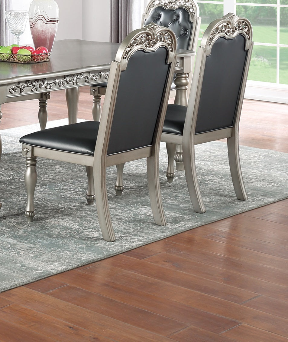 Traditional Formal Silver Grey Finish 7Pc Dining Set Table W 6X Side Chairs Rubber Wood Intricate Design Tufted Back Cushion Seat Dining Room Furniture Gray Wood Dining Room Rubberwood Rectangular Dining Table With Chair Upholstered Chair Wood Gray