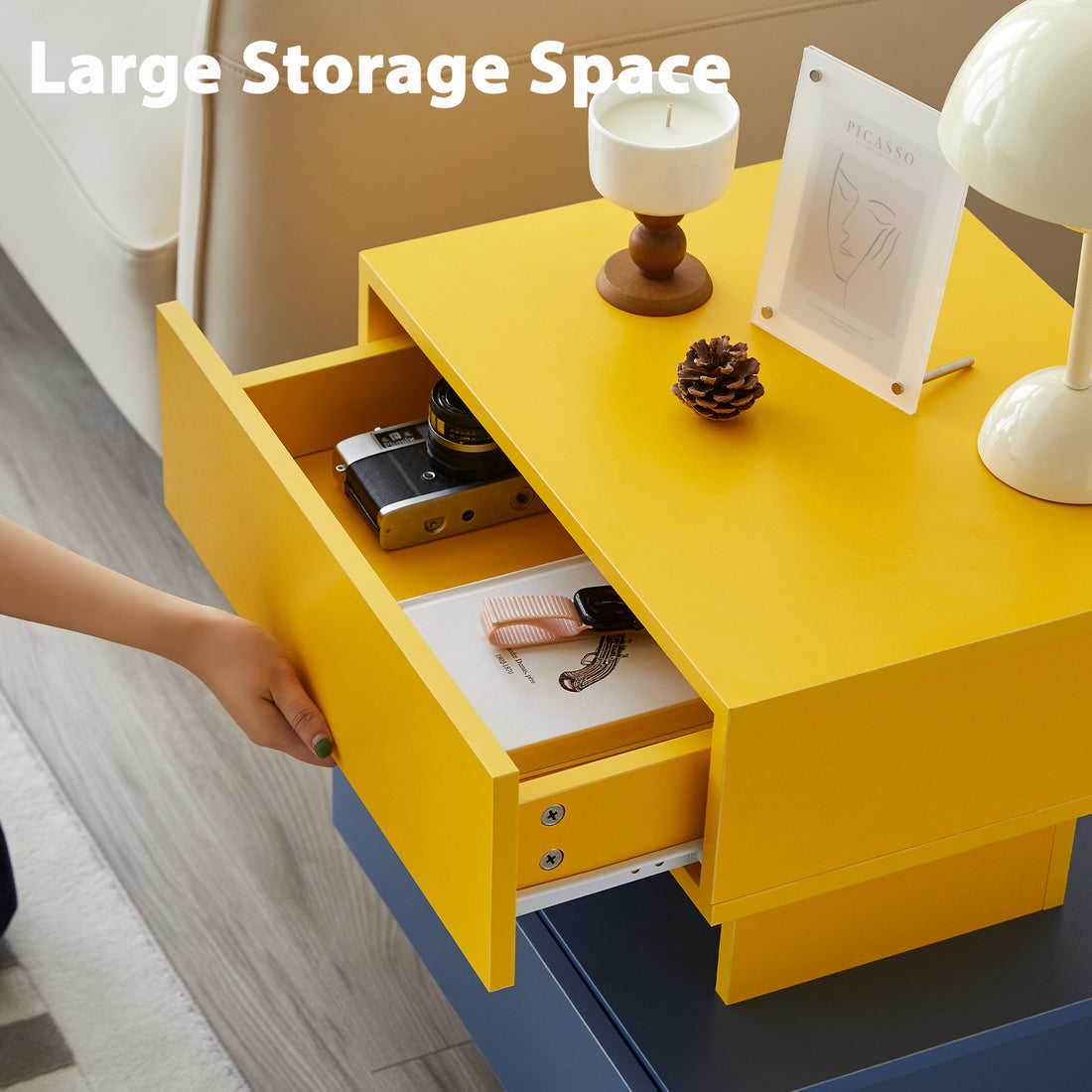 Modern Nightstand End Side Table With Large Storage Space Bedside Table For Bedroom Living Room And Playroom Yellow & Blue Blue Yellow Modern Engineered Wood