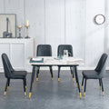 Table And Chair Set. Patterned Stone Burning Tabletop With Black Metal Legs. The Chair With Black Pu Artificial Leather Backrest Cushion And Black Metal Legs. 1 Table And 4 Chairs. 001 007 White Sintered Stone