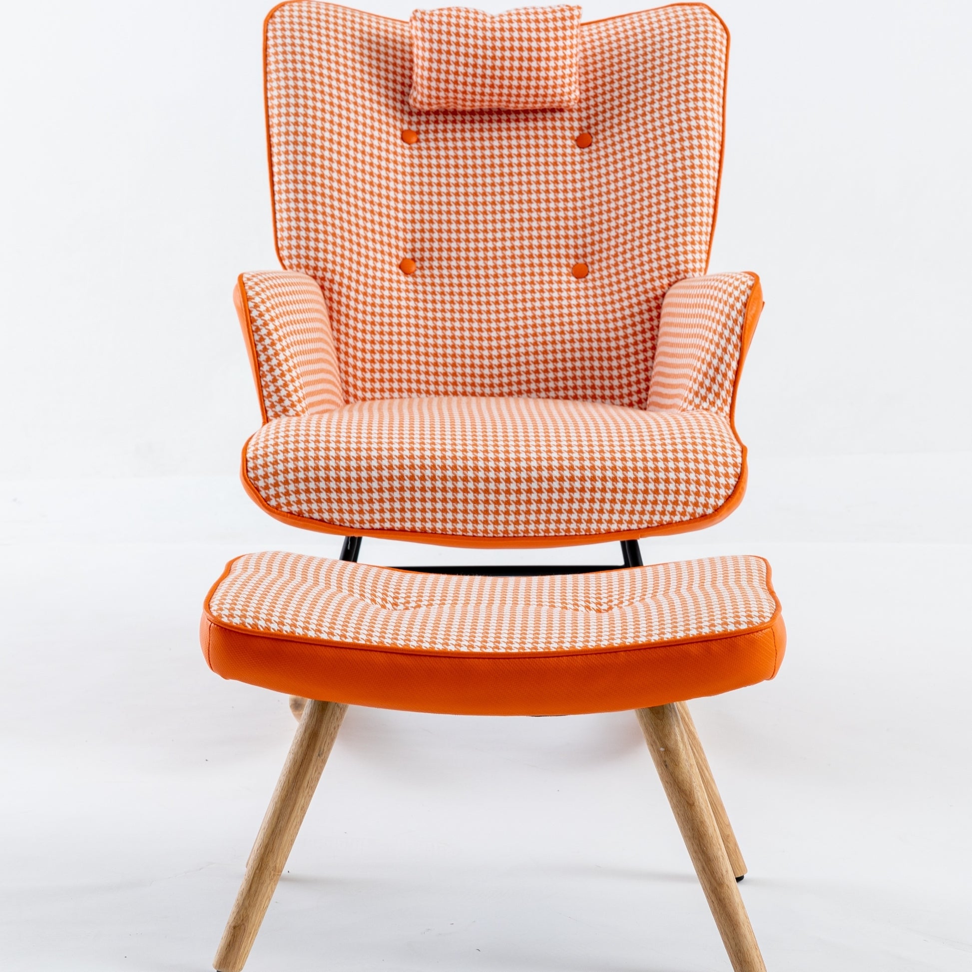 35.5 Inch Rocking Chair, Soft Houndstooth Fabric Leather Fabric Rocking Chair For Nursery, Comfy Wingback Glider Rocker With Safe Solid Wood Base For Living Room Bedroom Balcony Orange Orange Casual Foam Cotton Linen