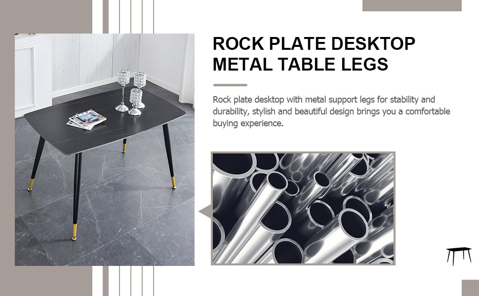 Table And Chair Set. Black Sintered Stone Tabletop With Black Metal Legs.Black Pu Leather Backrest And Black Metal Leg Chair. 1 Table And 4 Chairs F 001 C 007 Black Sintered Stone