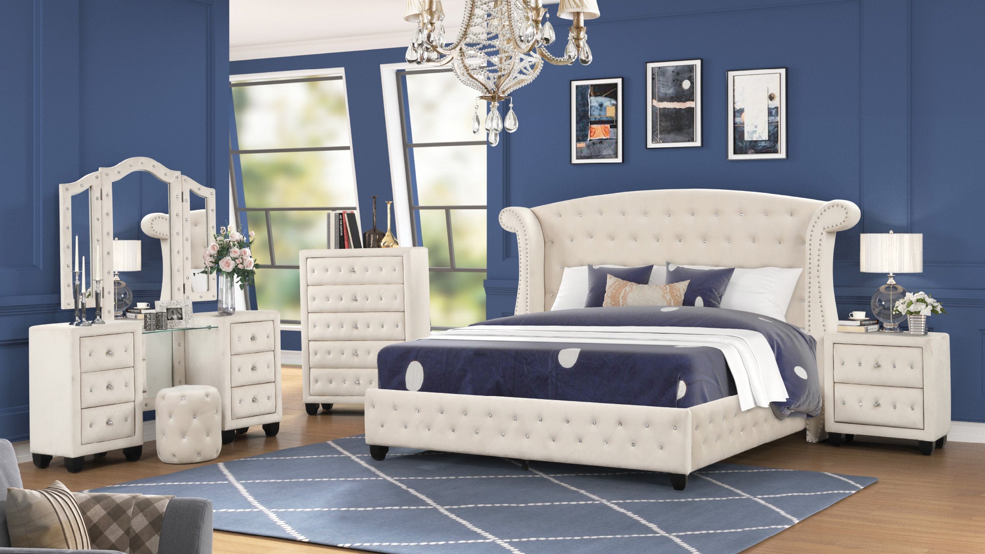 Sophia Crystal Tufted Full 5 Pc Vanity Bedroom Set Made With Wood In Cream Box Spring Not Required Full Cream Wood 5 Piece Set Bedroom Contemporary,Modern Upholstered Velvet Wood