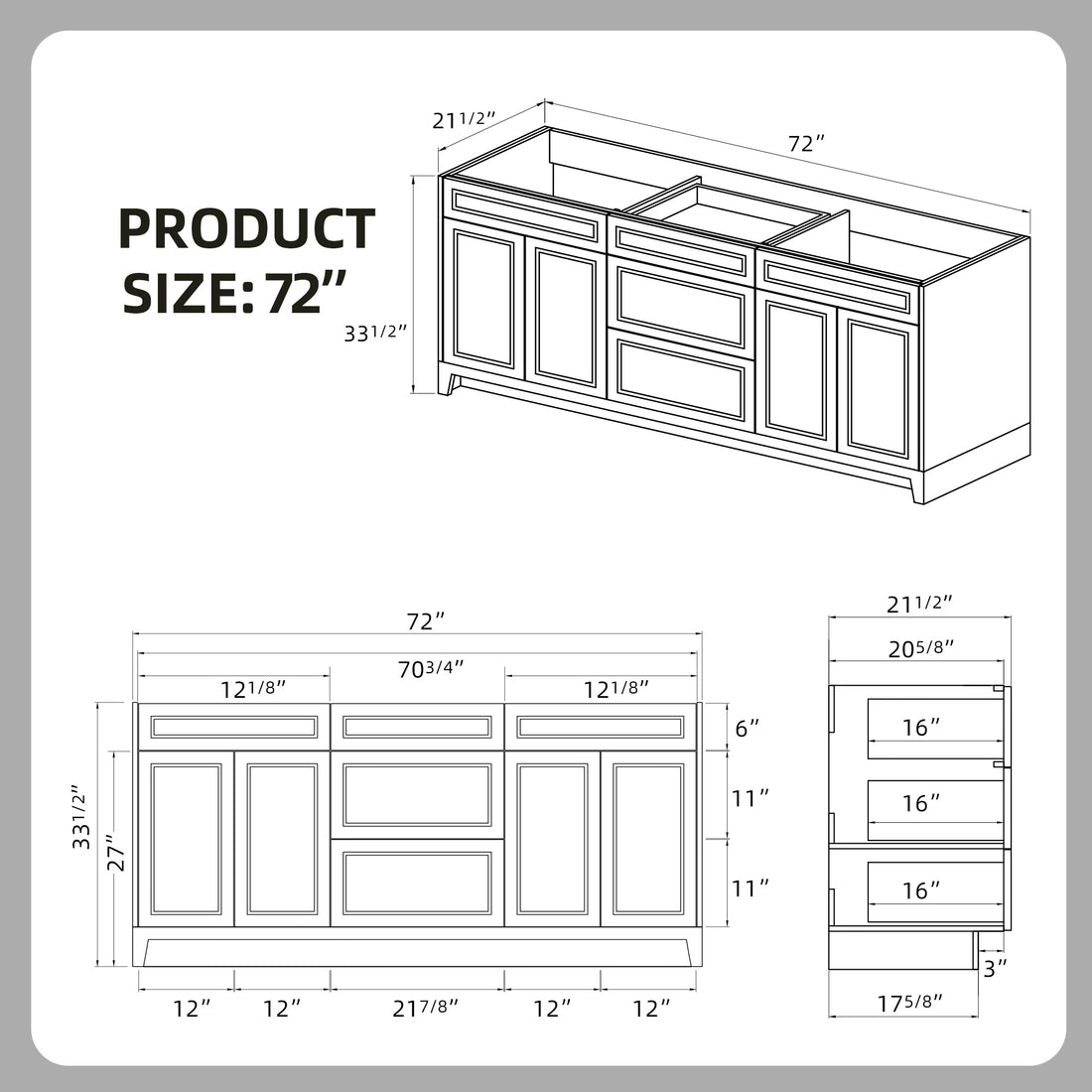 Solid Wood 72 Inch Bathroom Vanity Without Top
