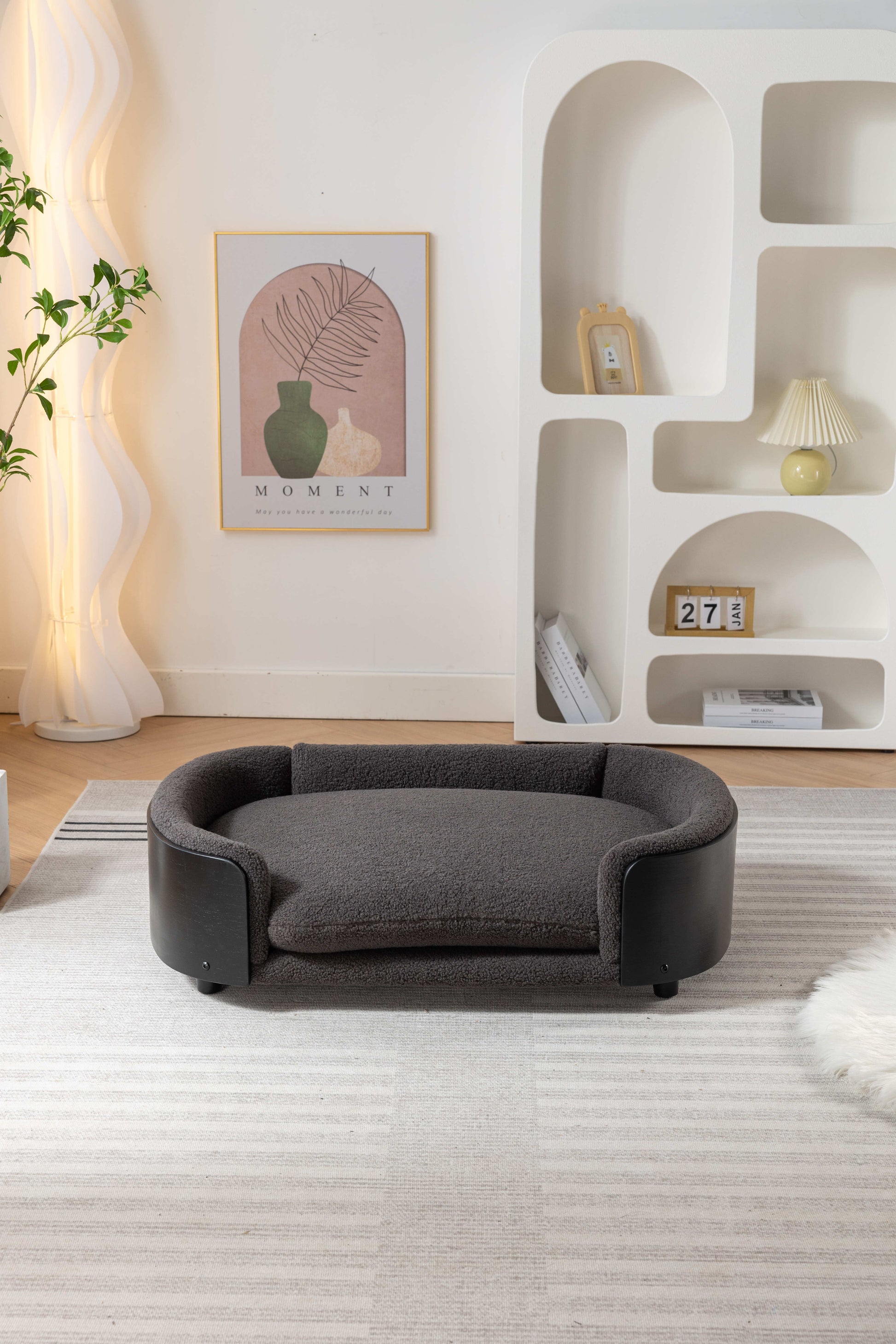 Scandinavian Style Elevated Dog Bed Pet Sofa With Solid Wood Legs And Black Bent Wood Back, Cashmere Cushion,Large Size Dark Gray Foam Solid Wood