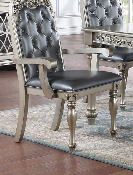 Traditional Silver Grey Finish 9Pc Dining Set Table W 2X Arm Chairs 6X Side Chairs Rubber Wood Intricate Design Tufted Back Cushion Seat Dining Room Furniture Gray Wood Dining Room Extendable Rubberwood Rectangular Dining Table With Chair Upholstered