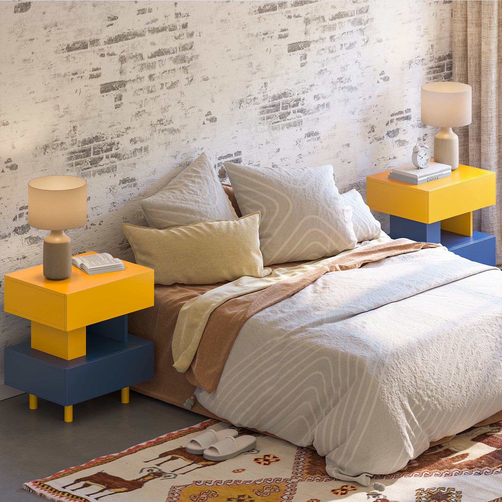 Modern Nightstand End Side Table With Large Storage Space Bedside Table For Bedroom Living Room And Playroom Yellow & Blue Blue Yellow Modern Engineered Wood