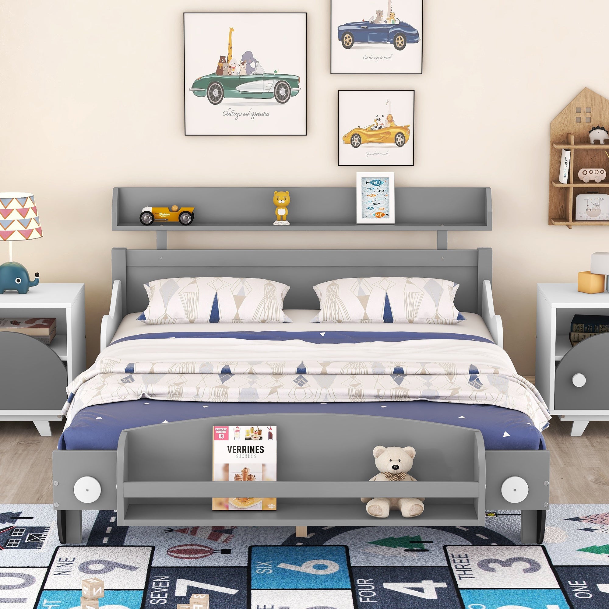 Full Size Car Shaped Platform Bed,Full Bed with gray-wood