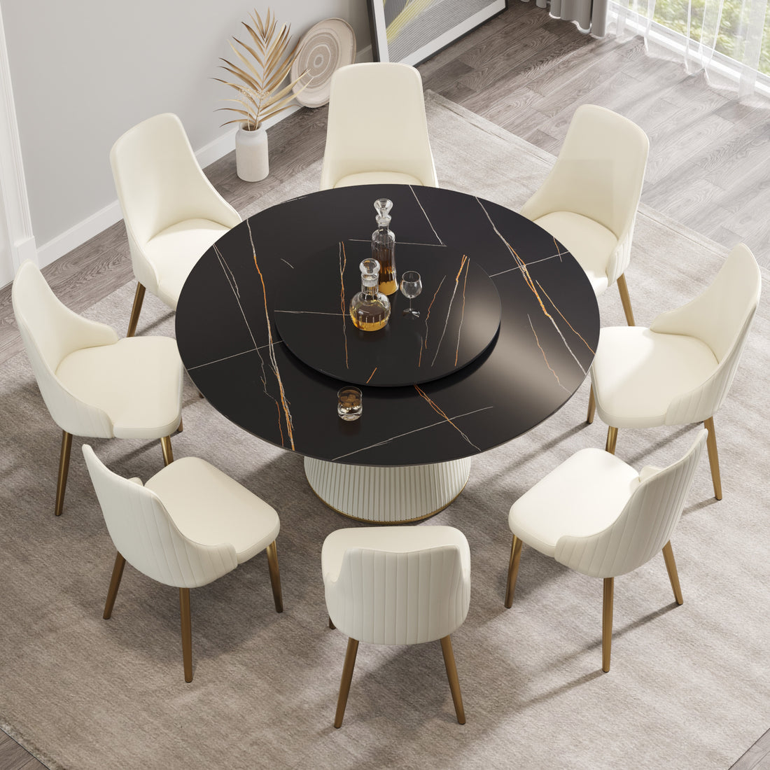 59.05 "Modern Black Artificial Stone Round Beige Plywood Pu Base Dining Table Can Accommodate 8 People 31.5"Black Artificial Stone Turntable Not Including Chairs. Black Dining Room Plywood Sintered Stone