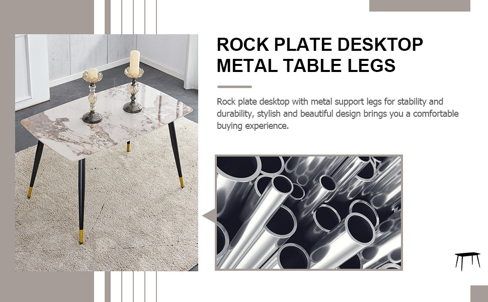 Table And Chair Set. Patterned Stone Burning Tabletop With Black Metal Legs. The Chair With Black Pu Artificial Leather Backrest Cushion And Black Metal Legs. 1 Table And 4 Chairs. 001 007 White Sintered Stone