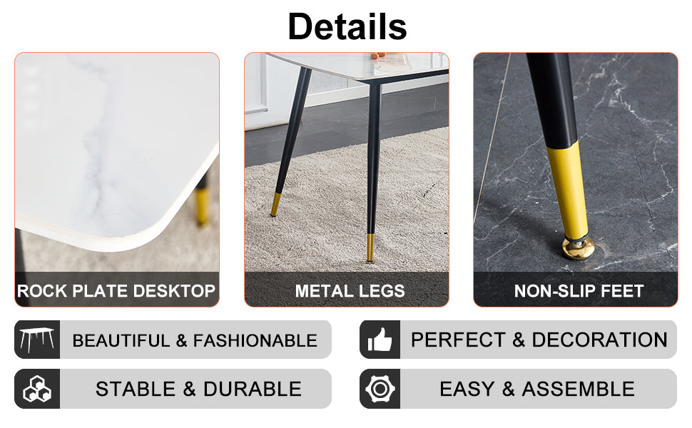 Table And Chair Set. White Imitation Marble Patterned Burnt Stone Tabletop With Black Metal Legs. Orange Deep Gray Dual Tone Pu Leather Backrest And Black Metal Leg Chair. 1 Table And 4 Chairs 001 007 White Sintered Stone