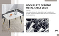 Table And Chair Set. White Imitation Marble Patterned Burnt Stone Tabletop With Black Metal Legs. Orange Deep Gray Dual Tone Pu Leather Backrest And Black Metal Leg Chair. 1 Table And 4 Chairs 001 007 White Sintered Stone