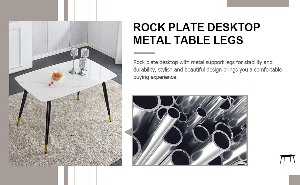 Table And Chair Set. White Imitation Marble Patterned Burnt Stone Tabletop With Black Metal Legs. Orange Deep Gray Dual Tone Pu Leather Backrest And Black Metal Leg Chair. 1 Table And 4 Chairs 001 007 White Sintered Stone