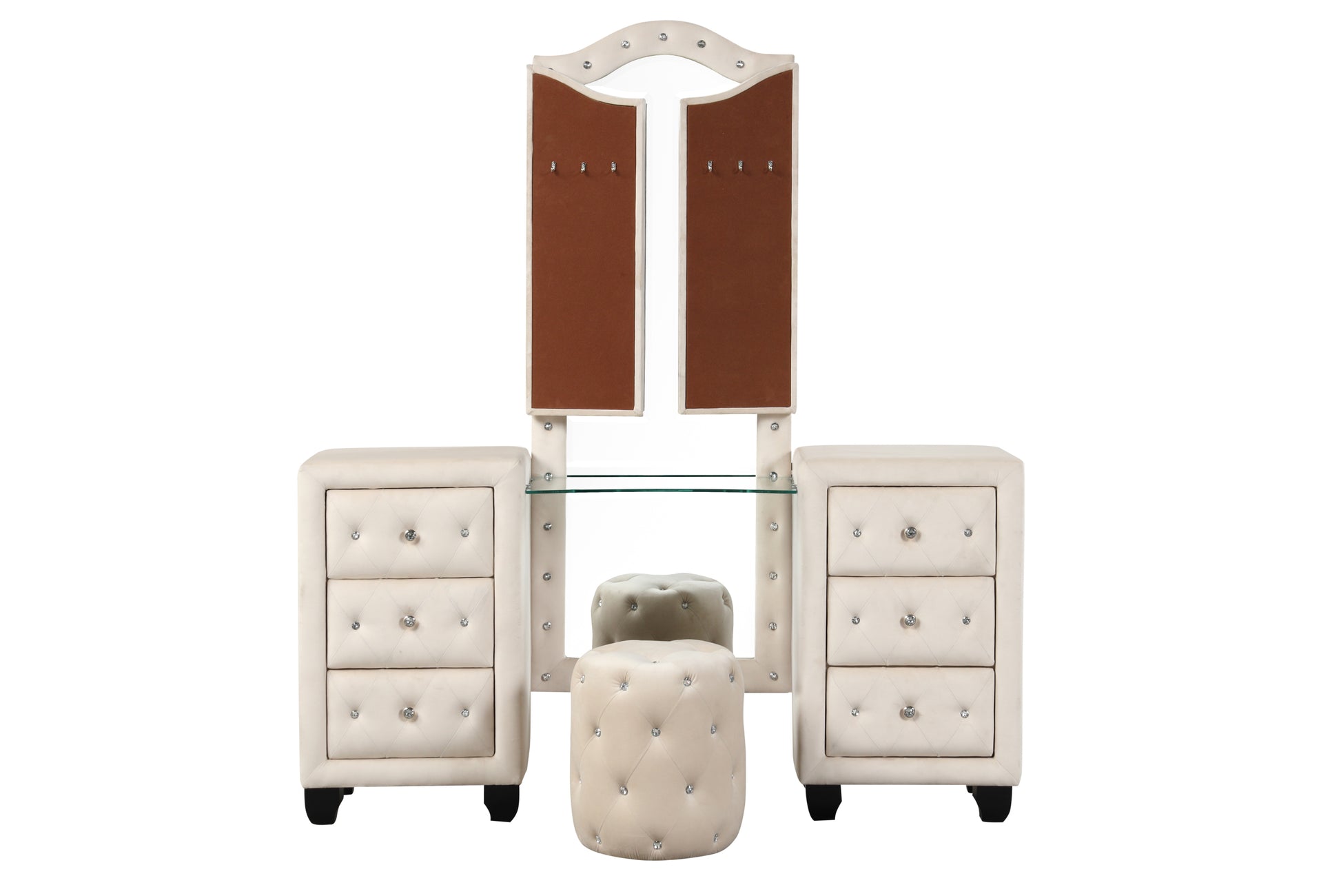 Maya Crystal Tufted King 5 Pc Vanity Bedroom Set Made With Wood In Cream Box Spring Not Required King Cream Wood 5 Piece Set Bedroom Contemporary,Modern Upholstered Velvet Tufted Wood