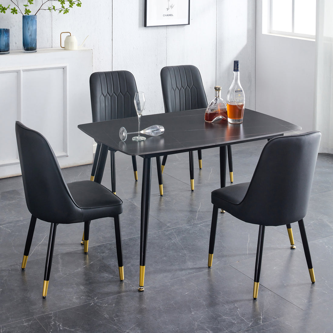 Table And Chair Set. Black Sintered Stone Tabletop With Black Metal Legs.Black Pu Leather Backrest And Black Metal Leg Chair. 1 Table And 4 Chairs F 001 C 007 Black Sintered Stone